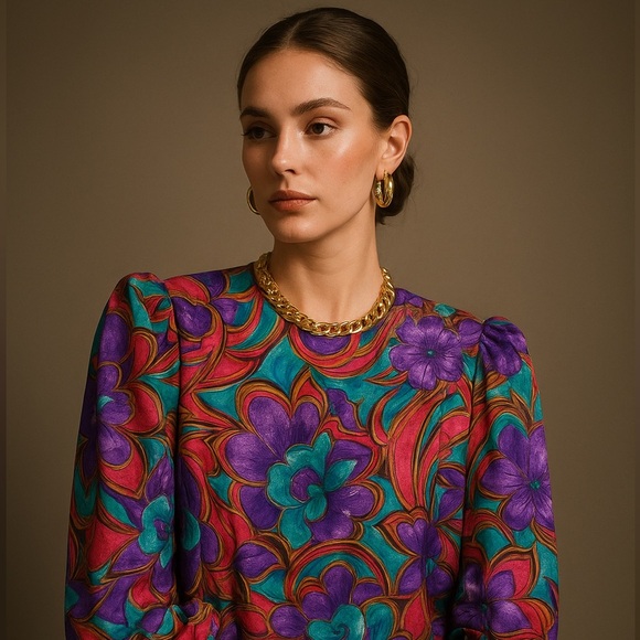 Montage By Mosaic Vintage Floral Blouse Purple Pink Teal - Picture 1 of 5